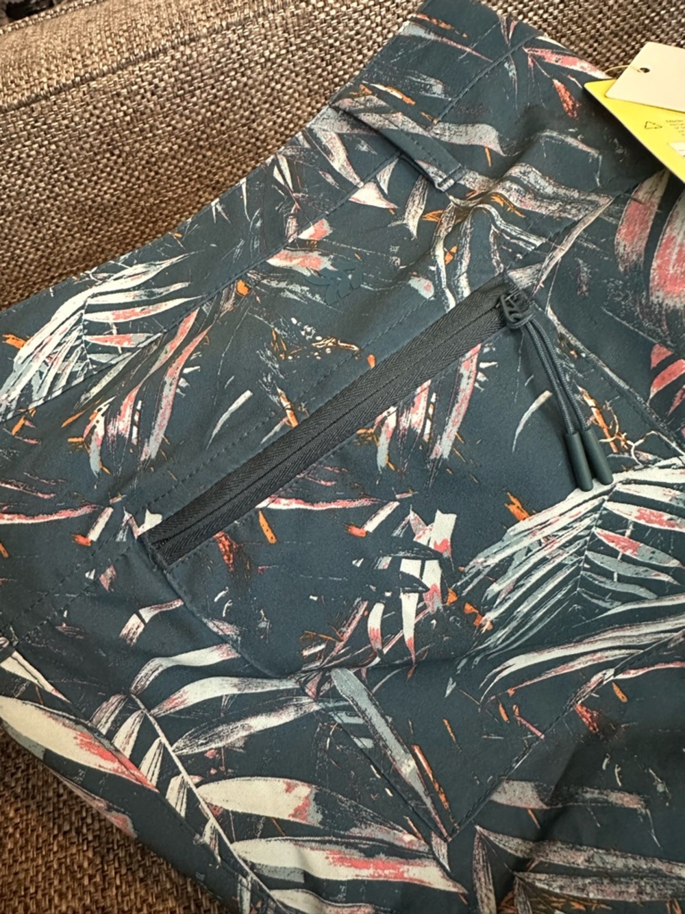 Tropical Leaf Print men’s swim trunks/hybrid shorts in Teal and Coral - Picture 3 of 6